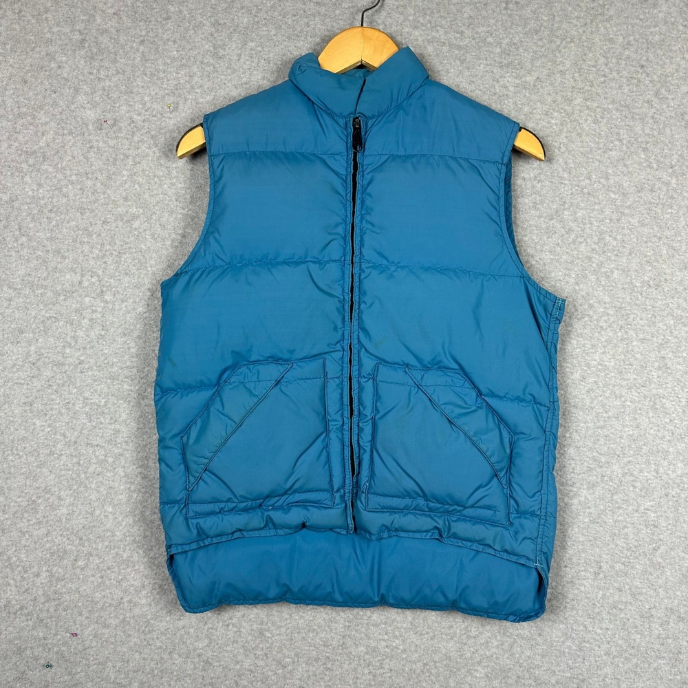 Vtg 1970s Teal Blue Puffer Vest Goose Down Feather Insulation Zip Front Pockets